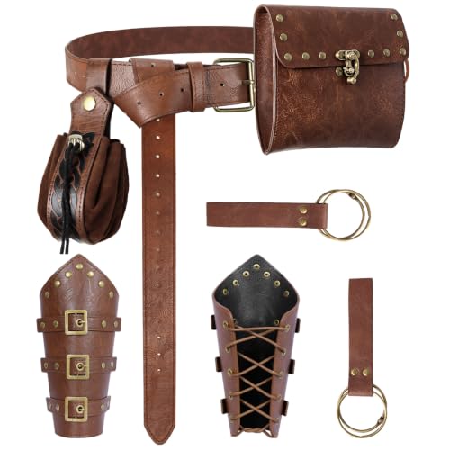7-Piece Renaissance Belt Pouch Set with Faux Leather Bracers and Skirt Hikes, Medieval Costume Accessories for Rangers, Rogues, Hunters & Adventurers, LARP, Ren Faire, Halloween and Cosplay - color: Brown F