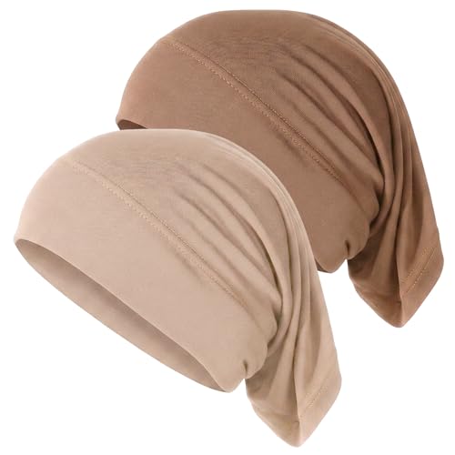 2 Pcs Hijab Cap Undercaps for Hijab No Slip Women Solid Color Hijabs Cap Islamic Muslim Hijabs Undercap with Brim for Turban Tube Neck Cover (Dark Brown, Beige)