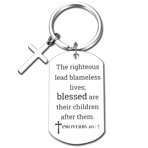 GiftYou Inspirational Scripture Metal Key Chains with Cross Pendant - Bible Verse Keychain Religious Gift for Christian - color: Proverbs 20:7
