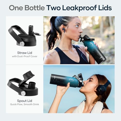 BUZIO 24 oz Insulated Water Bottle, Stainless Steel Wide Mouth Water Flask with Straw Lid, Cold for 48 Hrs Leak Proof Metal Hydro Thermo Canteen Mug, Dappled Navy Black - color: Dappled Navy Black, size: 24 Ounces