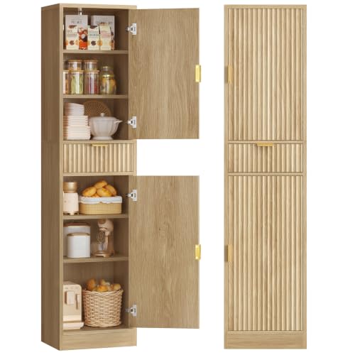 67″ Storage Cabinet with 1 Drawer and 2 Doors,Tall Bathroom Storage Cabinet with Adjustable Shelves, Rattan Fluted Cabinet for Bathroom, Living Room, Kitchen, Natural Oak - color: Fluted Natural