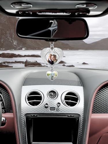 PiercingJ Custom Photo Rearview Mirror Car Charm Double Side Picture Engraving Car Hanging Ornament Angel Wing Car Charm Gift for Men Women - color: Silver(heart)-1 Pc