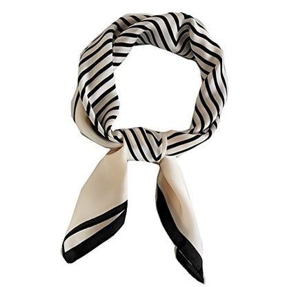 FONYVE Silk Feeling Scarf Medium Square Satin Head Scarf for Women 27.5 × 27.5 inches - color: 07 Stripe Beige