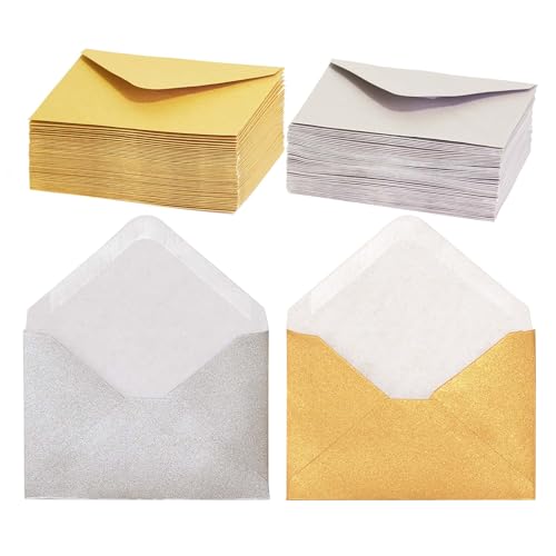 Gift Card Envelopes - 100-Count Mini Envelopes, Paper Business Card Envelopes, Bulk Tiny Envelope Pockets for Small Note Cards, Gold and Silver, 50 Each, 4 x 2.7 Inches - color: Gold and Silver