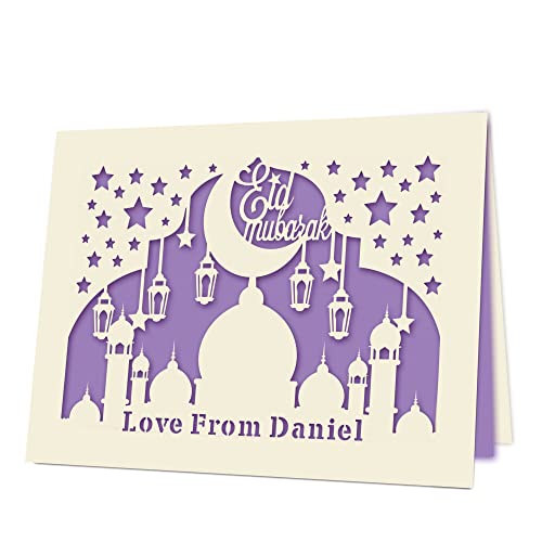 EDSG Personalized Eid Cards Custom Eid Mubarak Card Personalized Ramadan Gifts Eid Mubarak Decorations Ramadan Mubarak Decorations Ramadan Decoration for Her Him Boy Girl with Envelope (Lilac Purple) - color: Lilac Purple
