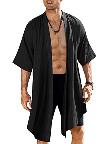 COOFANDY Men's Long Shawl Collar Linen Cardigan Lightweight Kimono Robe - color: Typeb-black, size: Small