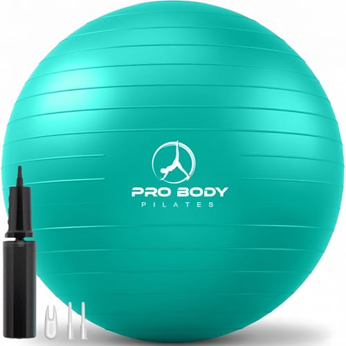ProBody Pilates Yoga Ball - Gym Grade Exercise Ball | Sizes 45/55/65/75/85 cm, 880 lb Load, CA 10P Cert, PT & Prenatal Use, Recommended by OBs, Pump - color: Aqua, size: M: 19-22 inches/48-55 cm