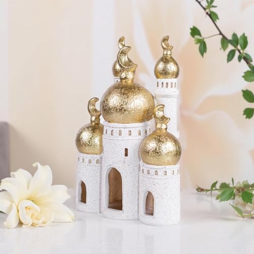 Hebdids，Mubarak Decorative ，White and Gold, 10.24 x 7.09 x 3.54 inches, Modern Style, Resin Material ， Mosque Castle Sculpture - size: 7.09*3.54*10.24in