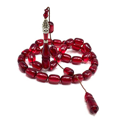 EXCLUSIVE COLLECTION -Handmade Silver Engraved Bakelite Tesbih, Tasbih, Islamic Rosary, Islamic Prayer Beads, Misbaha (8x12 mm 33 Cherry Cylinder Beads) - color: 8x12 mm 33 Cherry Cylinder Beads)
