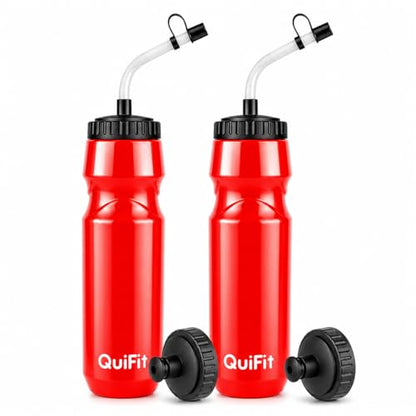 QuiFit Lacrosse Water Bottle with Long Straw - Hockey 1 Liter Water Bottles 2 Pack with 2 Lids Each- BPA Free Squeeze lightweight Water Bottle, Leakproof Dishwasher Safe- for Helmet,Baseball (Red) - color: Red