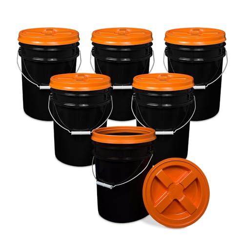 5 Gallon Bucket - Food Grade w/Lid BPA-Free, Black/Orange, 6 | Airtight Gamma Seal Screw-On Lid, Heavy-Duty 90 Mil HDPE Plastic, Food Safe and Durable Container, Bulk Storage, Made in USA - color: Black/Orange, size: 6 Packs