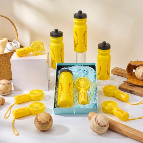 Potchen 24 Pcs Softball Water Bottles & Mini Portable Fan Set 20 oz Reusable Squeeze Bottles Bulk Handheld Fans Softball Party Favors for Team Gifts Sport Goodie Bag Stuffers Accessories