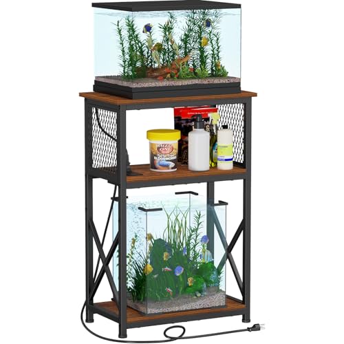 Snughome 10 Gallon Fish Tank Stand with Power Outlets, Aquarium Stand with Storage, 3 Tier Heavy Metal Reptile Tank Stand Fish Tank Shelf 20.47" x 11.42" x 30.91", Rustic Brown - color: Rustic Brown with Power Outlet