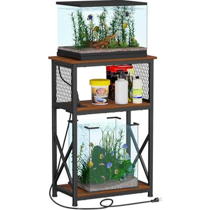 Snughome 10 Gallon Fish Tank Stand with Power Outlets, Aquarium Stand with Storage, 3 Tier Heavy Metal Reptile Tank Stand Fish Tank Shelf 20.47" x 11.42" x 30.91", Rustic Brown - color: Rustic Brown with Power Outlet