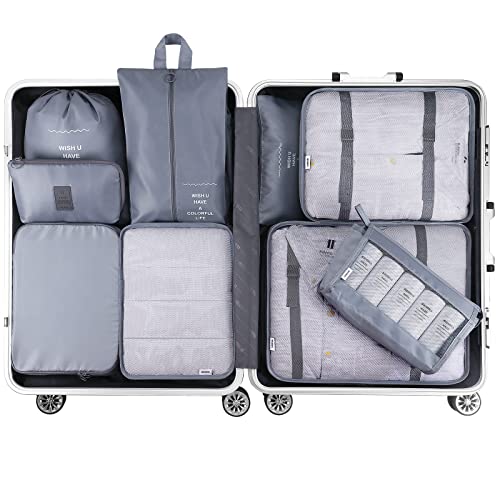 Mossio 9 Set Packing Cubes with Shoe Bag & Electronics Bag - Luggage Organizers Suitcase Travel Accessories - color: Grey