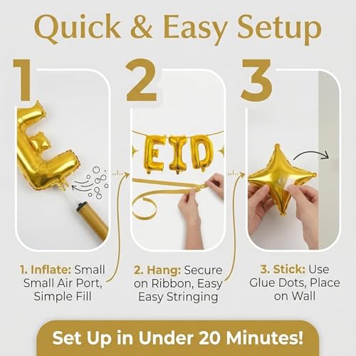 Eid Mubarak Decorations Set - Black and Gold Ramadan Party Supplies including Banner, Balloons for Muslim Islamic Eid Al-Fitr Home Wall Decor (gold)