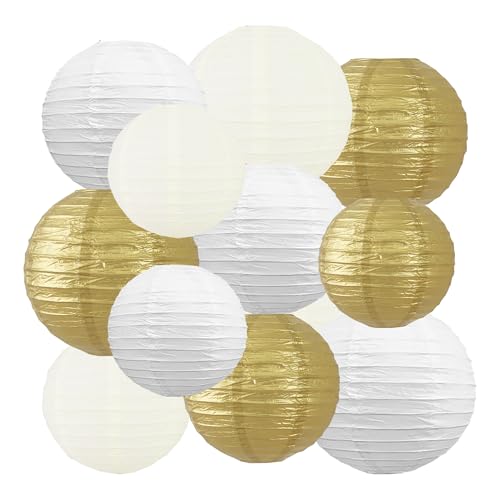 BEISHIDA Gold White Paper Lanterns 12Pcs 6/8/10/12 Inch Round Chinese Lamp - color: white gold set, size: 6、8、10、12 Inch