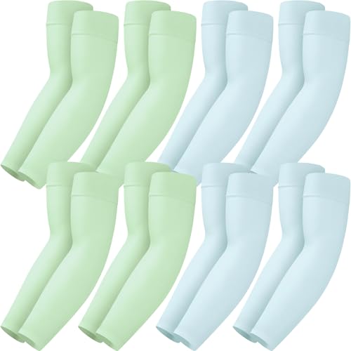 Mochabao 8 Pairs Soft Arm Sleeves, UV Sun Protection Cooling Compression Arm Covers for Outdoor Work, Sports, Men & Women - color: 4 Light Green + 4 Light Blue