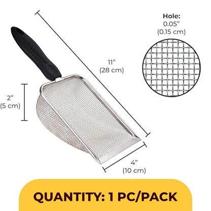 SunGrow Reptile Sand Scoop, Stainless Steel Sifter for Lizard, Gecko & Snake Habitat, Substrate Scoop, Non-Slip Handle, Fine Mesh Scooper for Clumping Sand – Not Suitable for Pellet or Crystal Litter