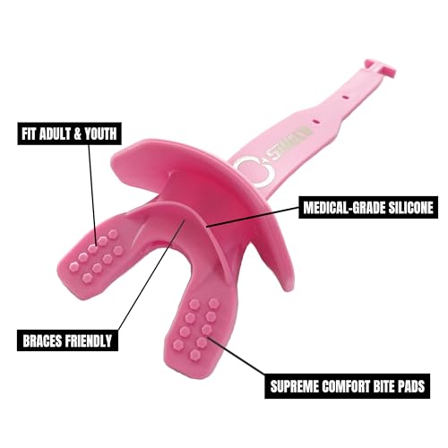 O Shield Striker Football Lip Guard with Permanent Strap | Football Lip Guard with Permanent Strap — Front Teeth, Lip, and Full Bite-Surface Coverage, No-Boil Ready Fit - color: Pink