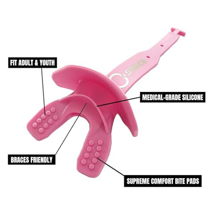 O Shield Striker Football Lip Guard with Permanent Strap | Football Lip Guard with Permanent Strap — Front Teeth, Lip, and Full Bite-Surface Coverage, No-Boil Ready Fit - color: Pink