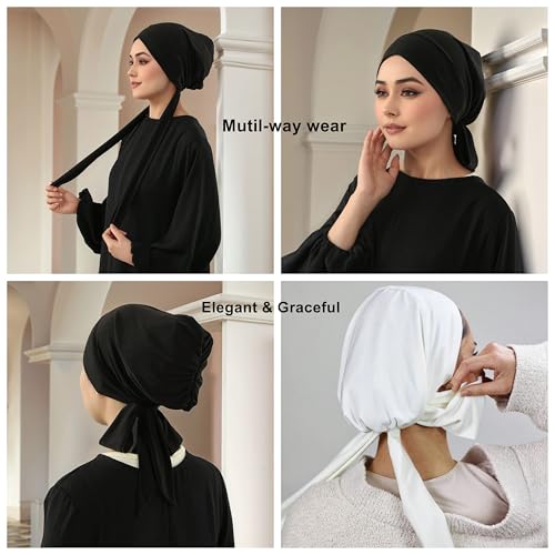 Instant Hijab Scarf Tie-Back Closure Cap Islamic Muslim Head Scarf Turban for Women - color: Black,white