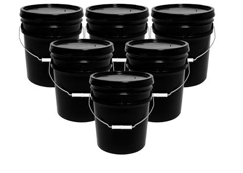 5-Gallon Bucket with Airtight Lid – Made in USA, Food Grade BPA Free Plastic, Heavy Duty Multi-Use, Metal Handle with Grip, Stackable Storage – Black, 6 Pack - color: 5 Gallon - Black, size: 6