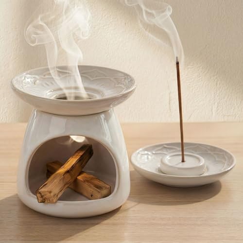 Palo Santo Incense Holder, 3-in-1 Handcrafted Ceramic Sage Burner - color: White