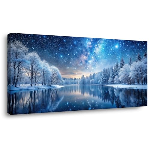 Palderwallart Beautiful Milky Way Landscape Wall Art for Living Room Office Nature Riverside Scenery Blue Starry Sky and White Tree Painting Prints Winter Scenic Canvas Artwork Dining (20x40 Inches) - color: Blue Starry Sky and White Tree Wall Art(Y866),