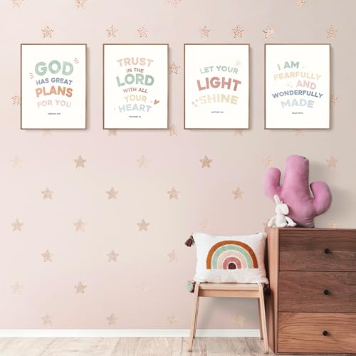 LARTSFRO Bible Christian Boho Wall Art Decor Posters Prints, Inspirational Bible Verses Room Bedroom Bathroom Playroom Dorm Wall Art Decor Aesthetic for Nursery Baby Kids Teen Girls Gifts, Christian Classroom Wall Decor, 12x16 Inch Set of 4 Pcs Pictures (