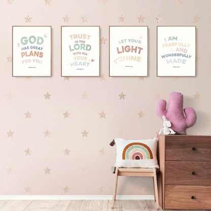LARTSFRO Bible Christian Boho Wall Art Decor Posters Prints, Inspirational Bible Verses Room Bedroom Bathroom Playroom Dorm Wall Art Decor Aesthetic for Nursery Baby Kids Teen Girls Gifts, Christian Classroom Wall Decor, 12x16 Inch Set of 4 Pcs Pictures (