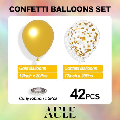 AULE Party Balloons Pack of 42 - Metallic Gold Balloons & Gold Confetti Balloons and 64ft Ribbons - 12 Inch Balloons Decorations Set - color: Gold