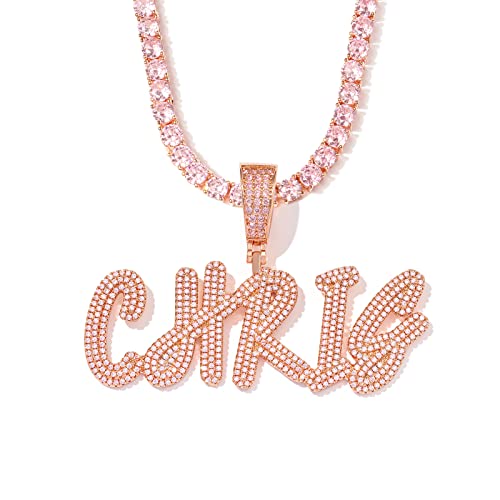 Lulu Mel Iced Out Personalized Cursive Name Necklace For Trendy Women, Custom Handmade Nameplate Pendant With Cuban Link Chain, White Gold Plated Hip Hop CZ Diamond Jewelry Gifts - color: Rose Gold
