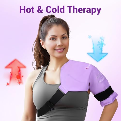 Comfytemp 숄더 아이스 팩 랩 로테이터 커프 테라피 (라지/XL) | FSA 적격 HSA, 부상을 위한 젤 아이스 팩 재사용 가능, 통증 완화, 회복을 위한 핫 콜드 압축 어깨 브레이스, 퍼플 - color: 퍼플., size: 대형