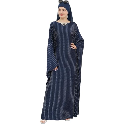 Muslim Abaya Dress 1Piece Bat Sleeve Kaftan Robe Women Islamic Maxi Dress Rhinestone Jilbab Eid Shiny Abaya(No scarf) - color: Navy I