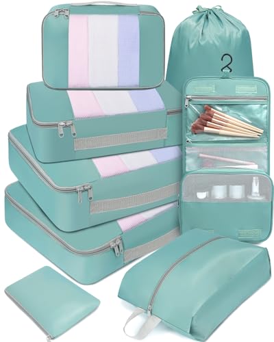 BAGAIL 6 Set/8 Set/10 Set Packing Cubes Various Sizes Packing Organizer for Travel Accessories Luggage Carry On Suitcase - color: 08-Dusty Blue, style: 8 Set-middle Mesh