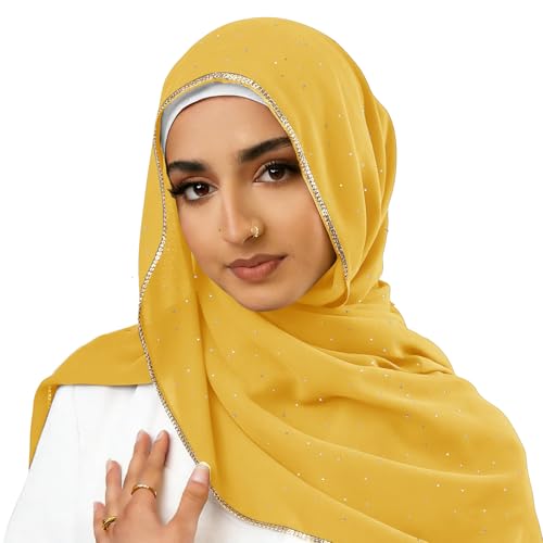 Hijab Scarf for Women Soft Chiffon Rhinestone Long Scarf Shawl Fashion Muslim Hijab Head Wrap Scarves - color: Yellow