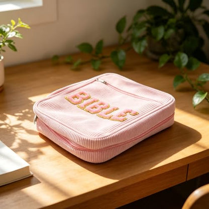 Bible Organizer Carrying Case for Religious Books and Temple Scriptures, Dustproof Corduroy Cover with Zippered Pocket, Pen Slots, and Handle, Stylish Pink Church Bible Storage Bag
