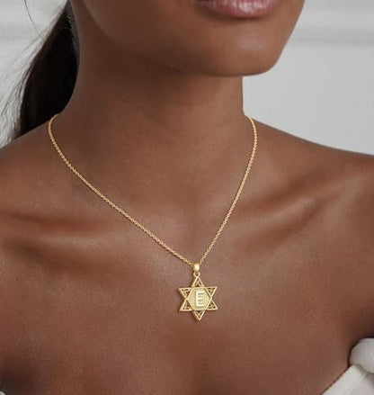 Gold Initial Necklaces for Women Dainty Pendant Letter Necklace 14K Gold Plated Jewish Star of David Religious Jewelry Personalized Gift Non Tarnish Waterproof 16.5-18.5 Inches - style: Initial E