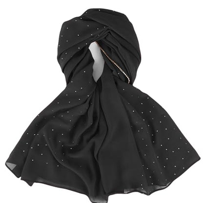 Hijab Scarf for Women Soft Chiffon Rhinestone Long Scarf Shawl Fashion Muslim Hijab Head Wrap Scarves - color: Black