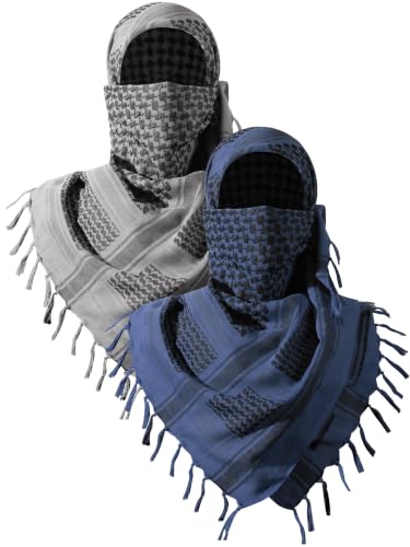 FREE SOLDIER Scarf Military Shemagh Tactical Desert Keffiyeh Head Neck Scarf Arab Wrap with Tassel for Men Women - color: Gray and Blue