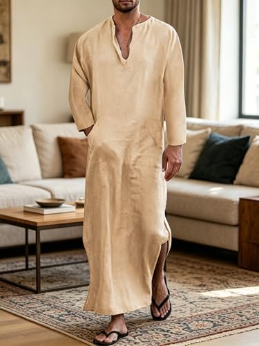 Jacansi Men's 65% Cotton 35% Linen Kaftan Thobe, Long Sleeve Casual Arabic Robe, Loose Long Gown with Pockets - color: Khaki #1, size: XX-Large