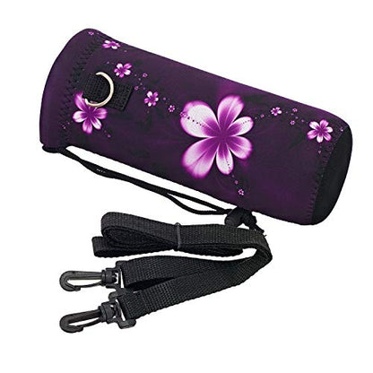 Neoprene Water Bottle Carrier Bag with Adjustable Shoulder Strap,Insulated Water Bottle Cover for Stainless Steel/Glass/Plastic Bottles - color: Purple Flowers, size: 500ml