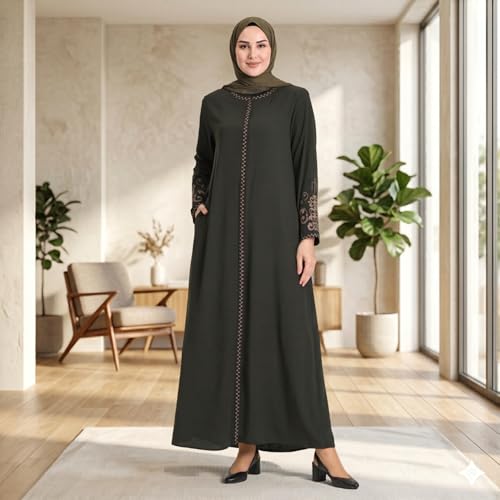 Women's Embroidered Sleeves Abaya and Embroidered On The Side of The Zipper Long Sleeve Floor Length Turkish Fashion - color: Green, size: XX-Large