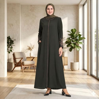 Women's Embroidered Sleeves Abaya and Embroidered On The Side of The Zipper Long Sleeve Floor Length Turkish Fashion - color: Green, size: XX-Large