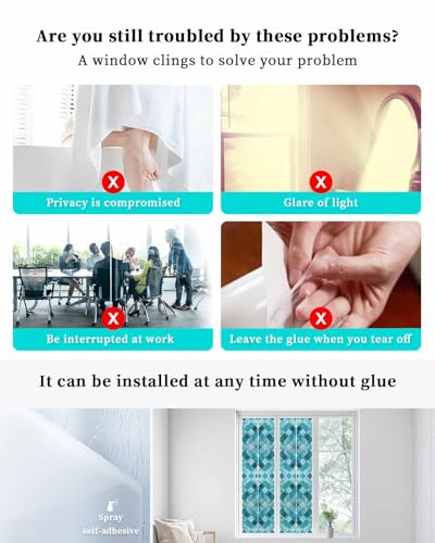 Window Privacy Film Teal Blue Diamond Window Clings for Glass Windows Modern Geometric Lines Windows Film Static Cling Frosted Windows Sticker Covering for Bathroom Living Room Office 17.7"x78.7" - size: 17.7"x78.7"