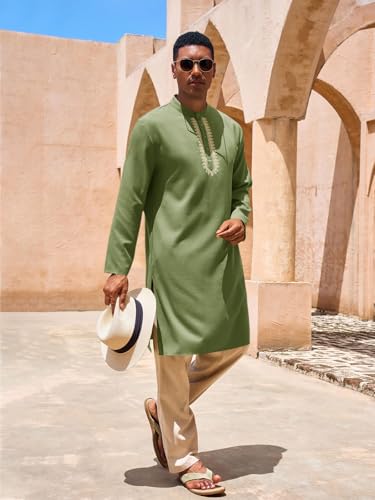 Yousify Mens Kaftan Thobe Casual Henley Shirts - color: Army Green, size: X-Large