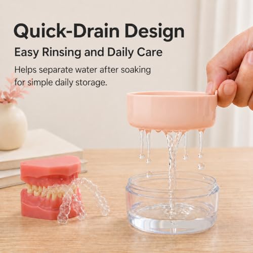 Retainer Soaking Case with Drain Basket, Leak-Proof Denture Bath Box with Magnetic Lid, Portable Cleaning Container for Aligners, Mouth Guard & Night Guard (Pink) - color: Pink