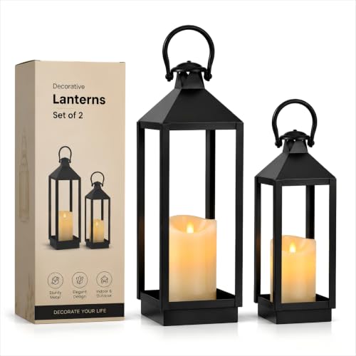 2 Pcs Black Lantern Decorative Indoor Outdoor 17" 13" - size: 17"H & 13" H+2 LED Candles