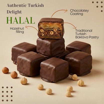 Baklava Pastry with Hazelnut | Chocolatey Coated Turkish Baklava | 9.51 oz (270 g) | Baklava Chocolate Gift Box, Premium Halal Snack, Elegant Ramadan & Eid Gift | Perfect for Parties, Family Gatherings, Corporate Events, or Festive Celebrations (Hazelnut)